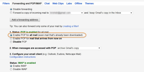 Enable POP for all mail in your old Gmail account