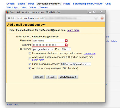 Choose your old mail account details in Mail fetcher
