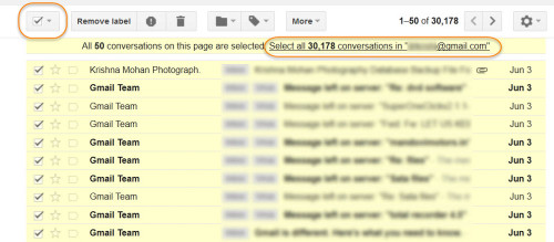 By default it chooses only 50 mails. Next click Select all conversations.